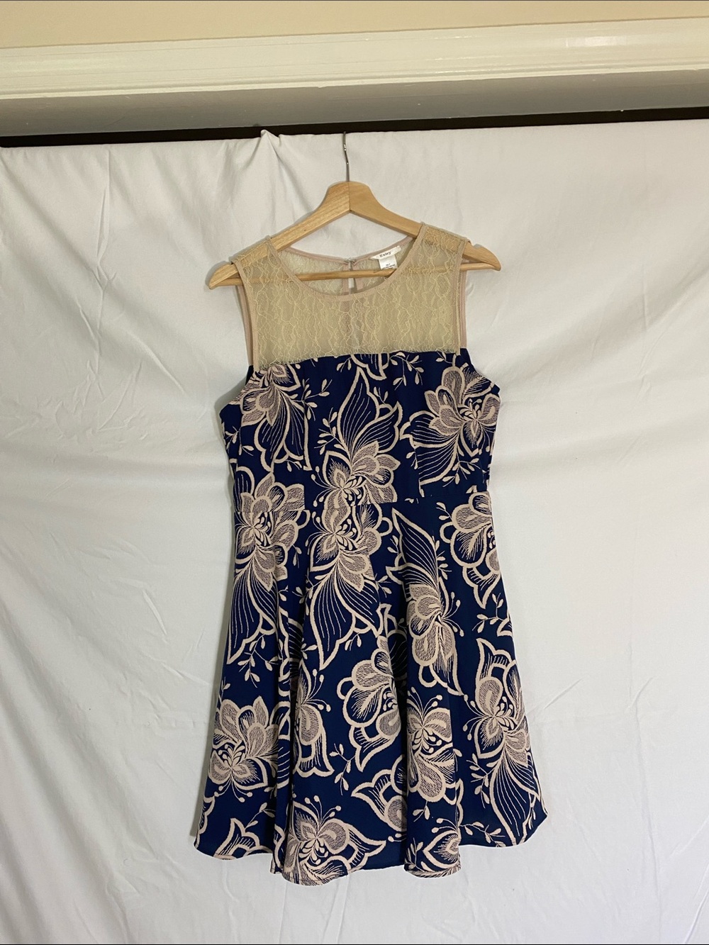 Esley Navy Floral Fit-and-Flare Dress with Cream Lace Yoke